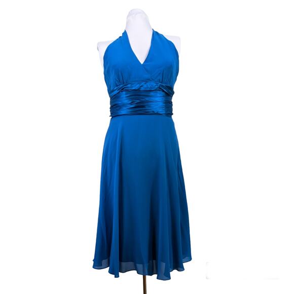 Vintage Dresses & Skirts - Vintage Midi Dress Silk Halter Backless Blue Fit Flare Cocktail Wedding Guest 8